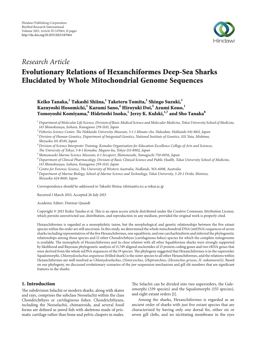 Evolutionary Relations of Hexanchiformes Deep-Sea Sharks Elucidated by Whole Mitochondrial Genome Sequences