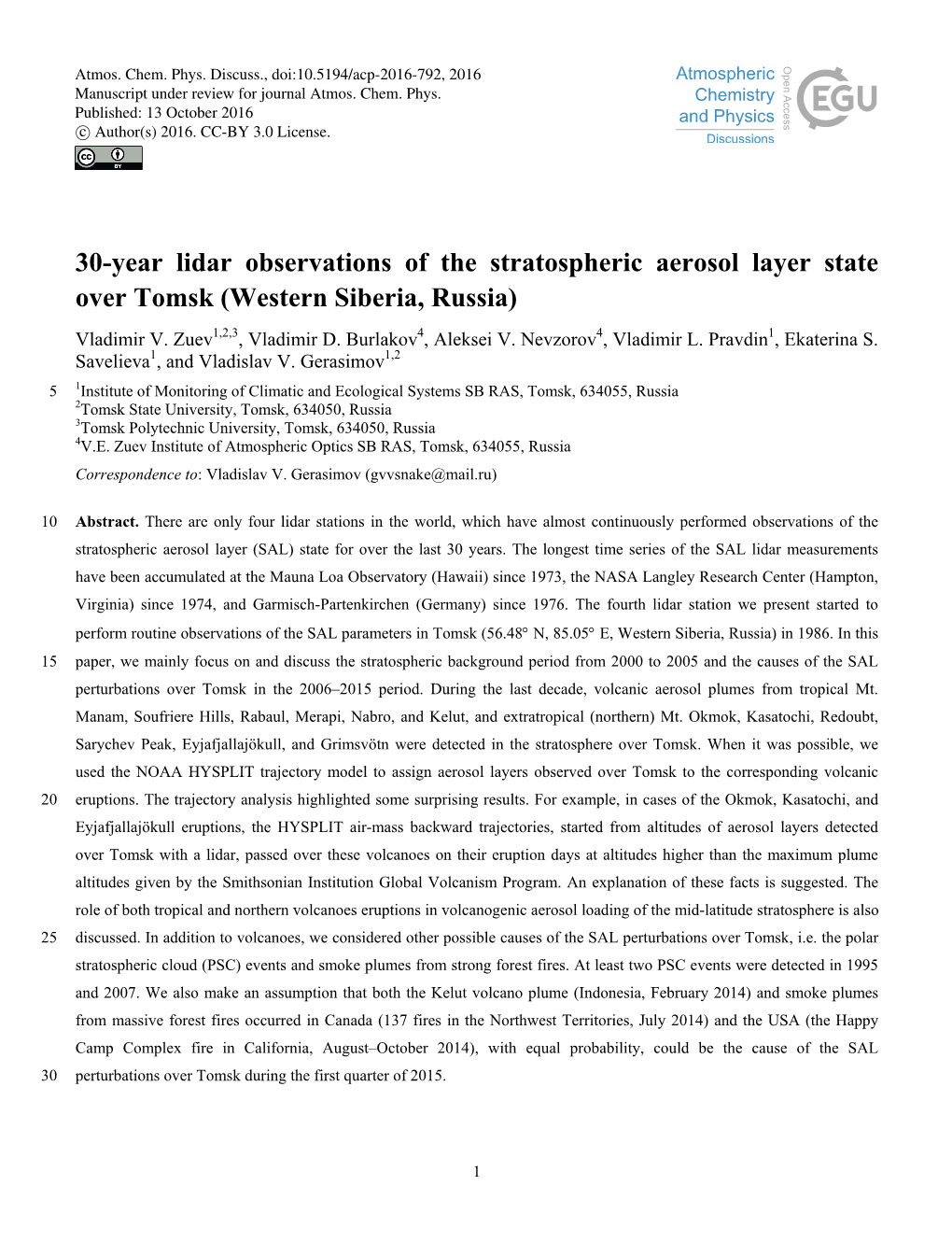 30-Year Lidar Observations of the Stratospheric Aerosol Layer State Over Tomsk (Western Siberia, Russia) Vladimir V