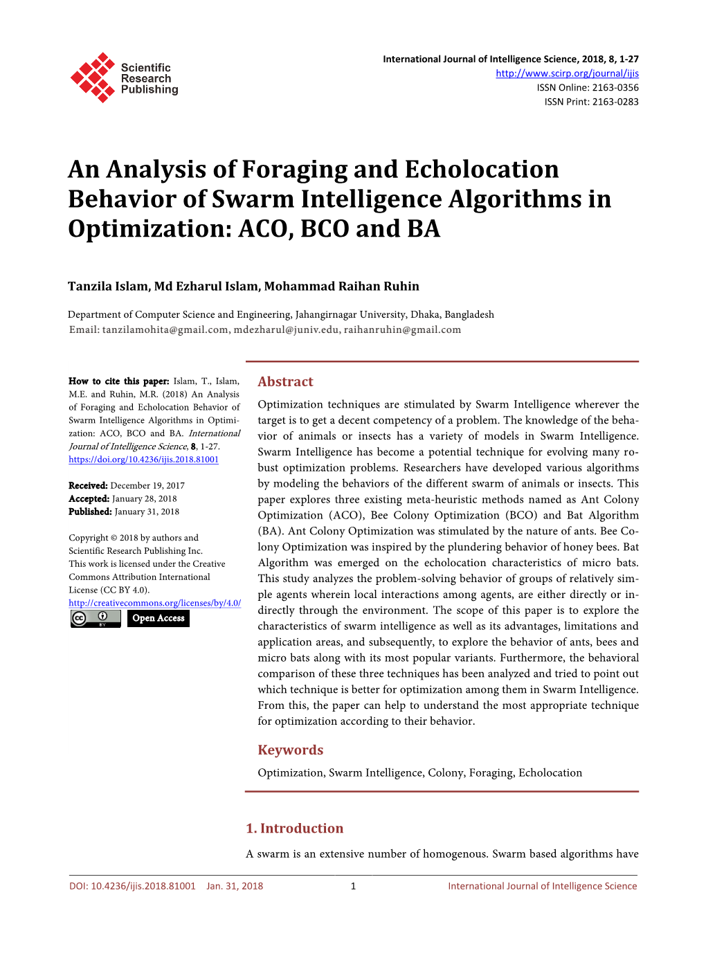 An Analysis of Foraging and Echolocation Behavior of Swarm Intelligence Algorithms in Optimization: ACO, BCO and BA