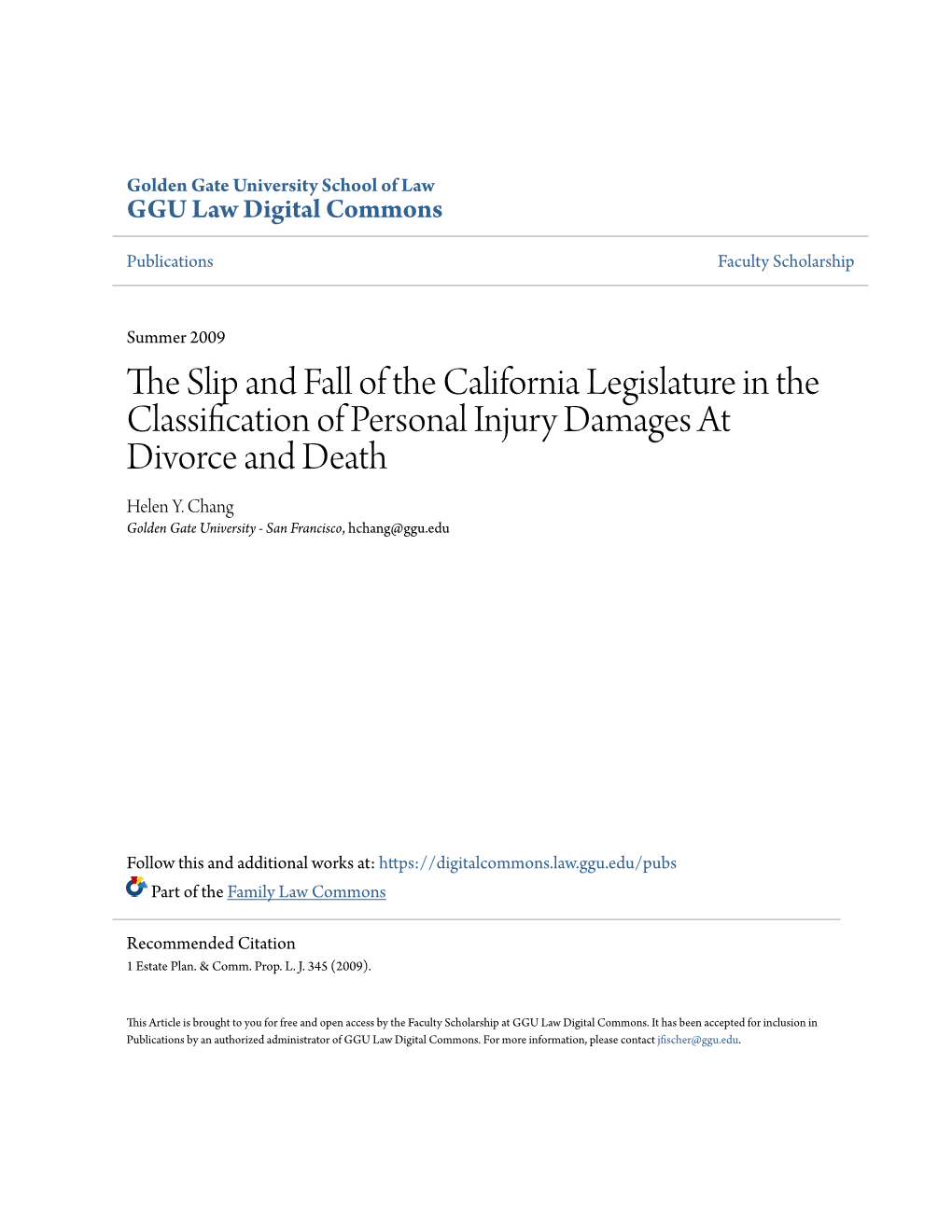 The Slip and Fall of the California Legislature in the Classification of Personal Injury Damages at Divorce and Death