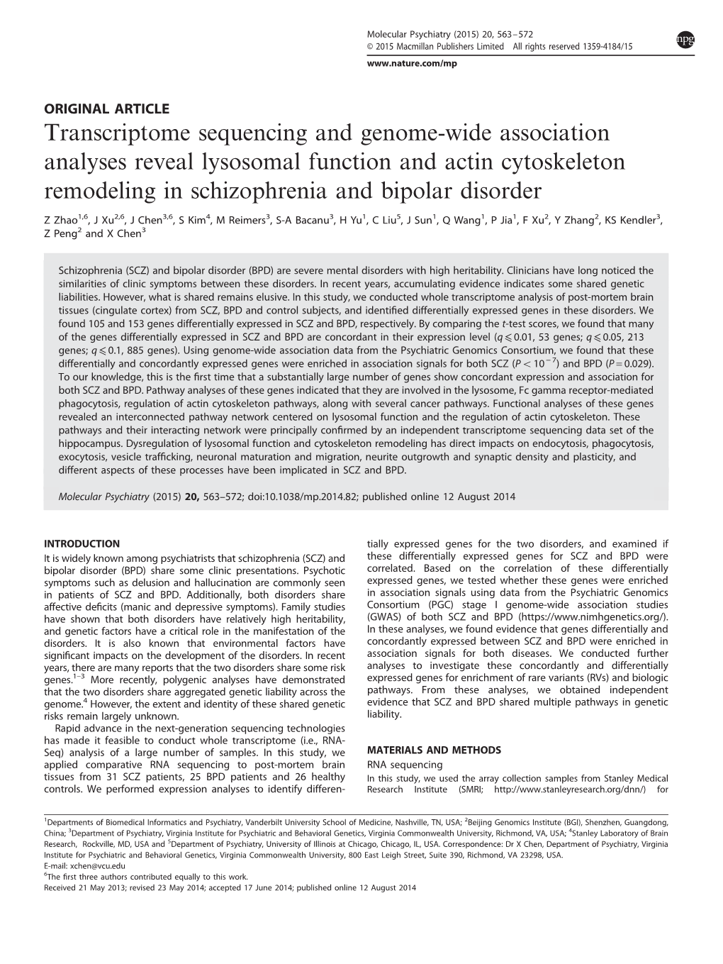 Transcriptome Sequencing and Genome-Wide Association Analyses Reveal Lysosomal Function and Actin Cytoskeleton Remodeling in Schizophrenia and Bipolar Disorder