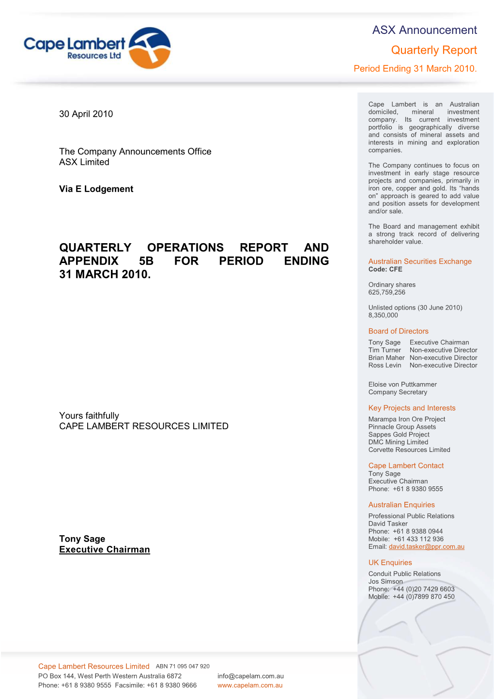 ASX Announcement Quarterly Report Period Ending 31 March 2010