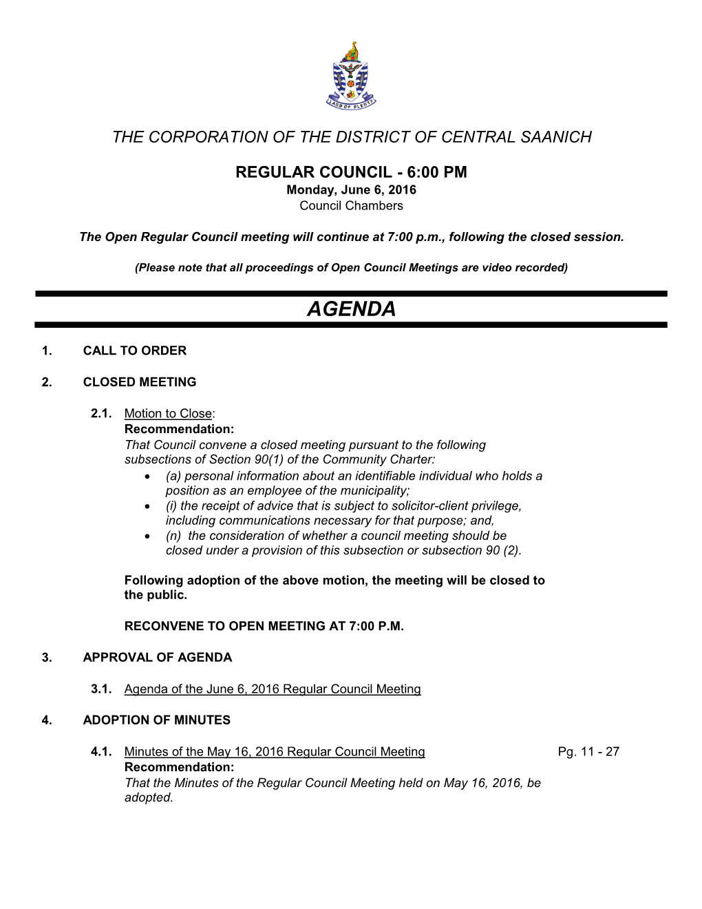 The Corporation of the District of Central Saanich Regular Council