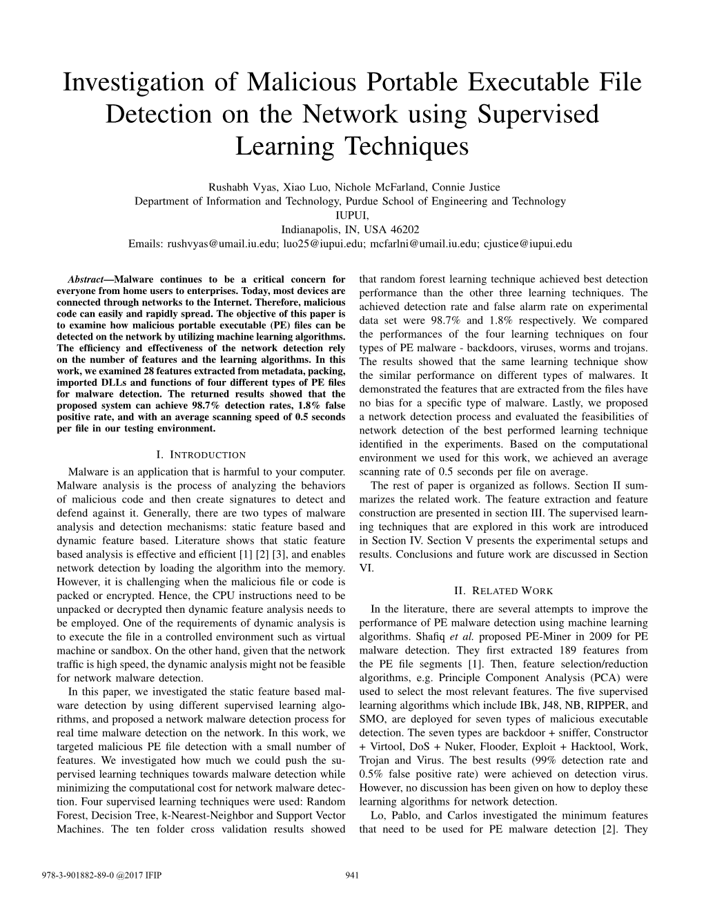 Investigation of Malicious Portable Executable File Detection on the Network Using Supervised Learning Techniques