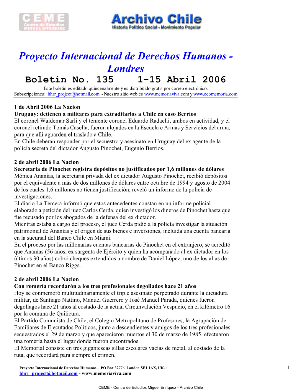 Proyecto Internacional De Derechos Humanos - Londres Boletín No