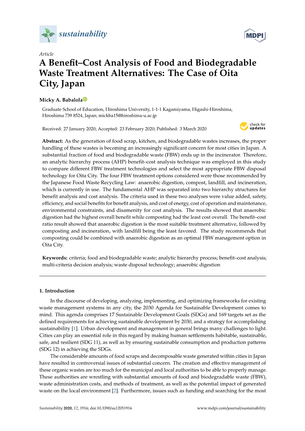 A Benefit–Cost Analysis of Food and Biodegradable Waste Treatment