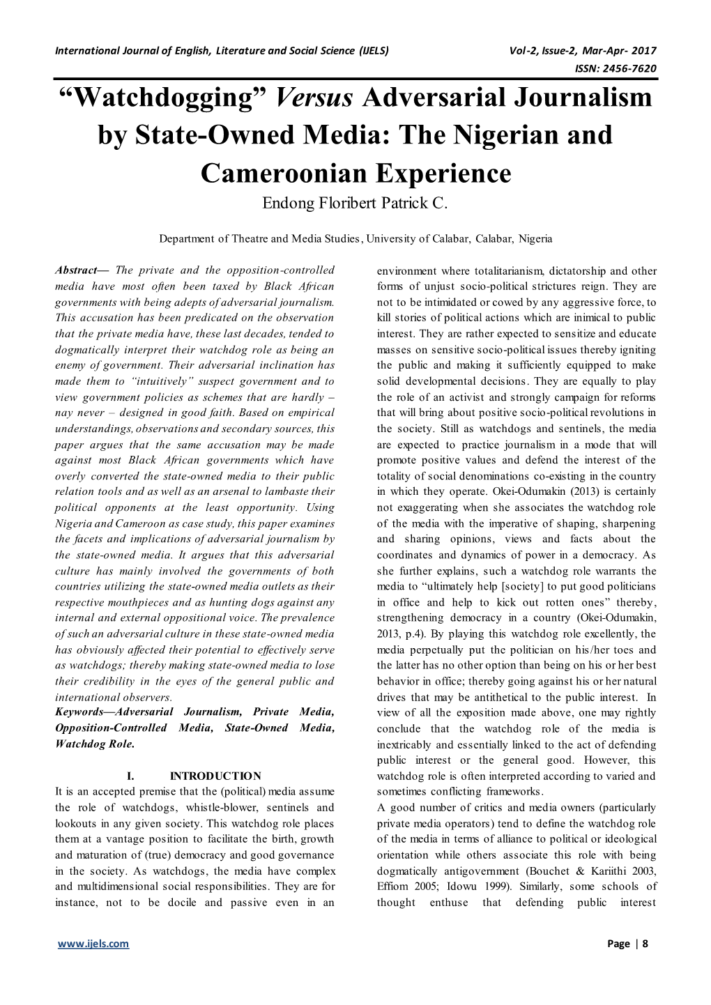 “Watchdogging” Versus Adversarial Journalism by State-Owned Media: the Nigerian and Cameroonian Experience Endong Floribert Patrick C