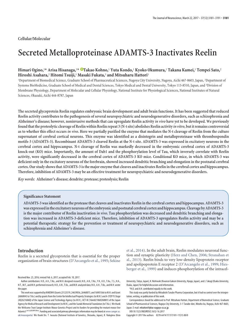 Secreted Metalloproteinase ADAMTS-3 Inactivates Reelin