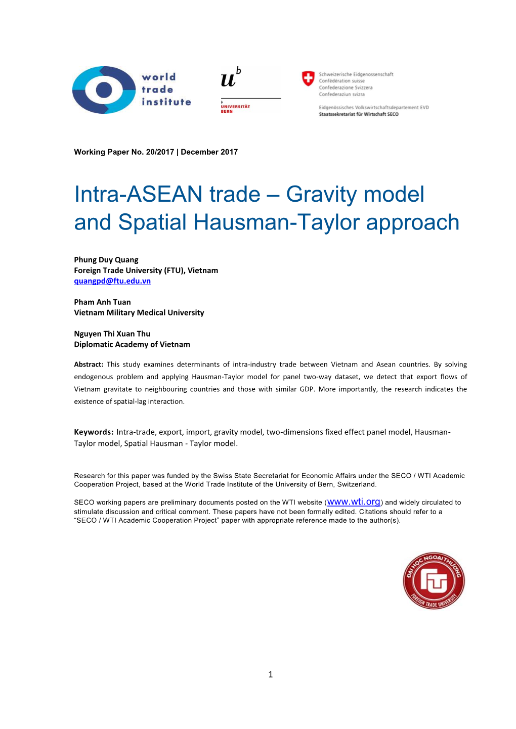 Intra-ASEAN Trade – Gravity Model and Spatial Hausman-Taylor Approach