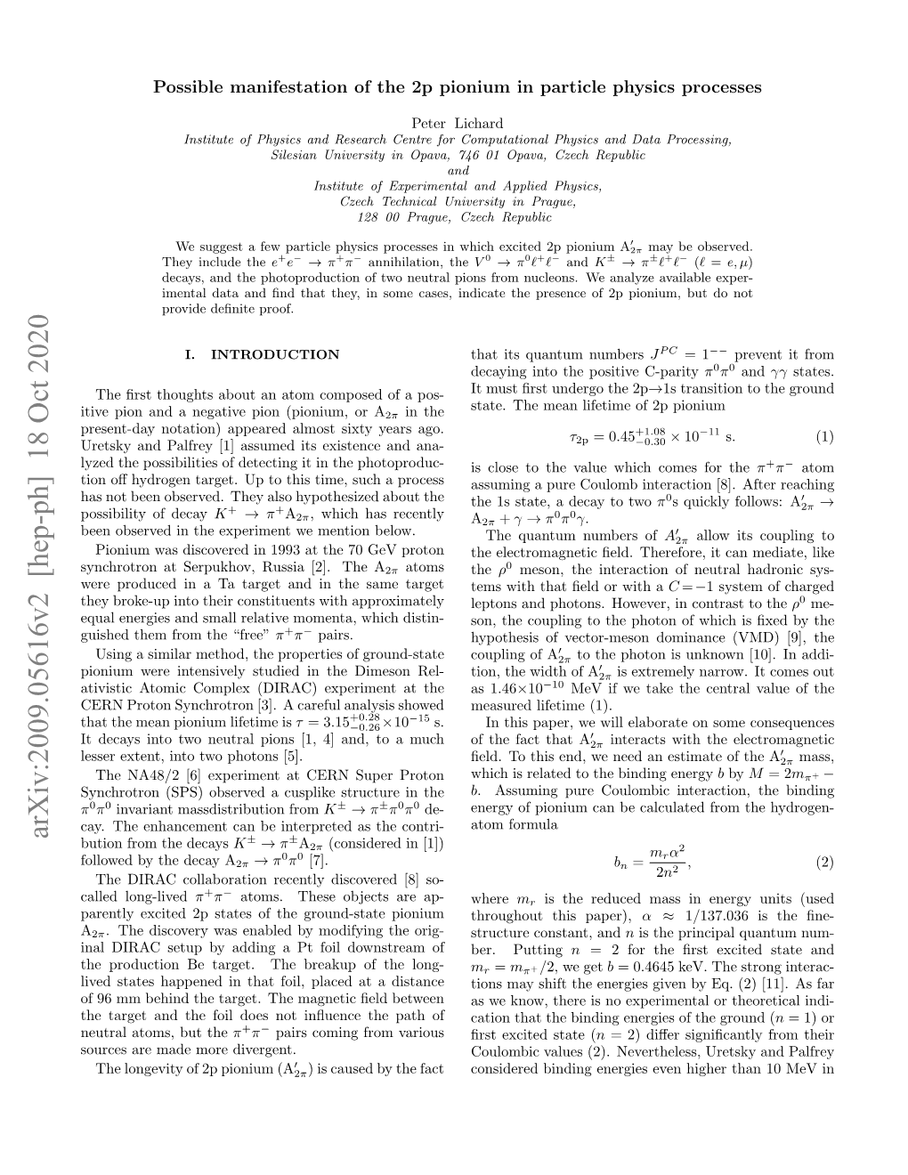 Arxiv:2009.05616V2 [Hep-Ph] 18 Oct 2020 ± ± Bution from the Decays K → Π A2π (Considered in [1]) 2 0 0 Mrα Followed by the Decay A2π → Π Π [7]