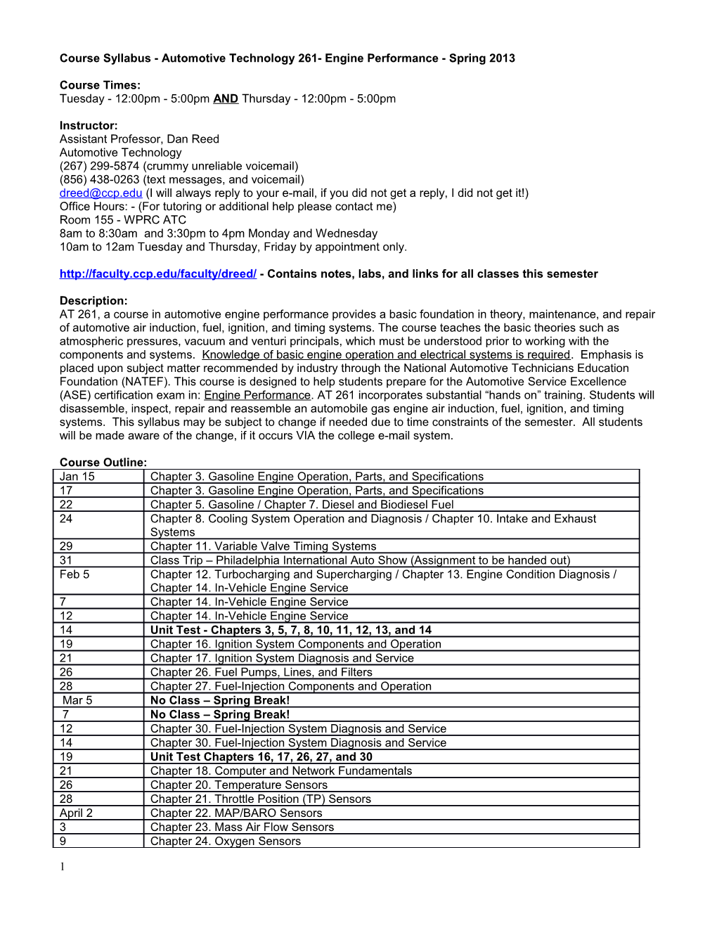 Course Syllabus - Automotive Technology 261- Engine Performance - Spring 2013