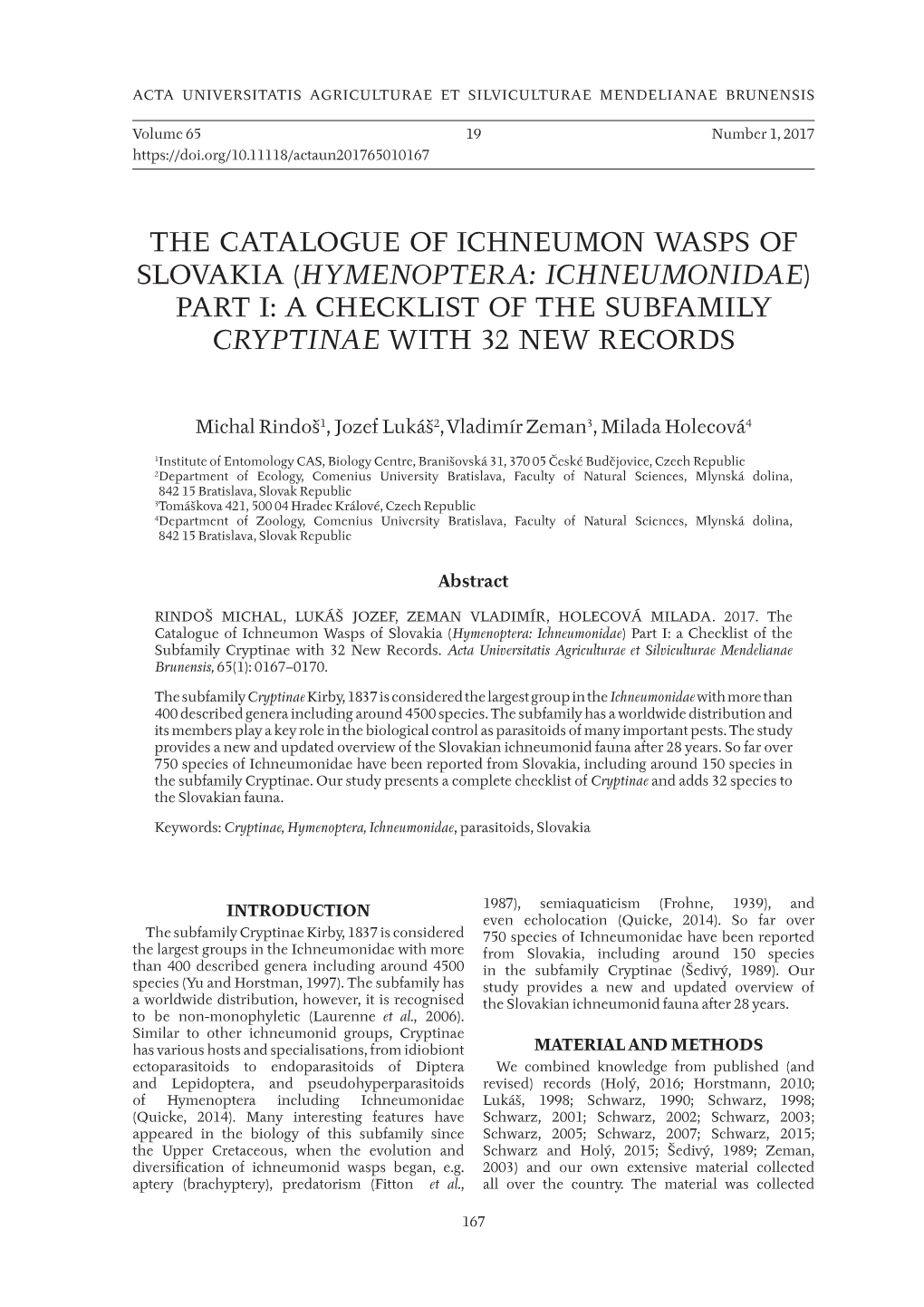 Hymenoptera: Ichneumonidae) Part I: a Checklist of the Subfamily Cryptinae with 32 New Records