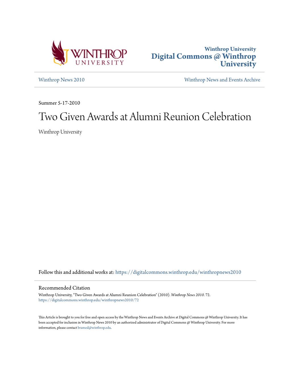 Two Given Awards at Alumni Reunion Celebration Winthrop University