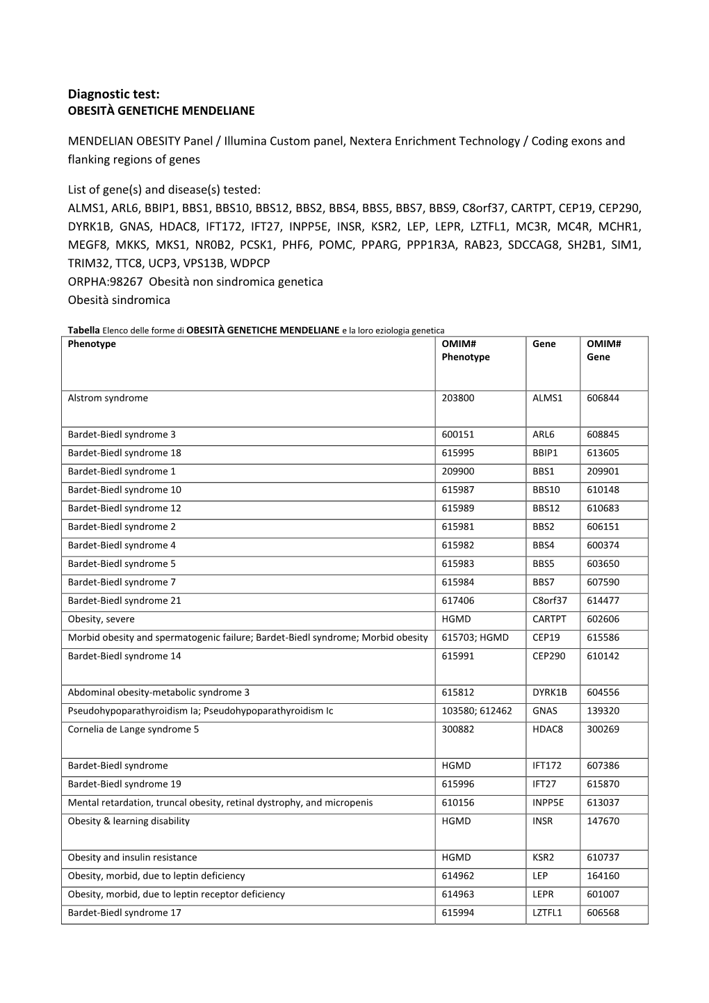 Diagnostic Test: OBESITÀ GENETICHE MENDELIANE