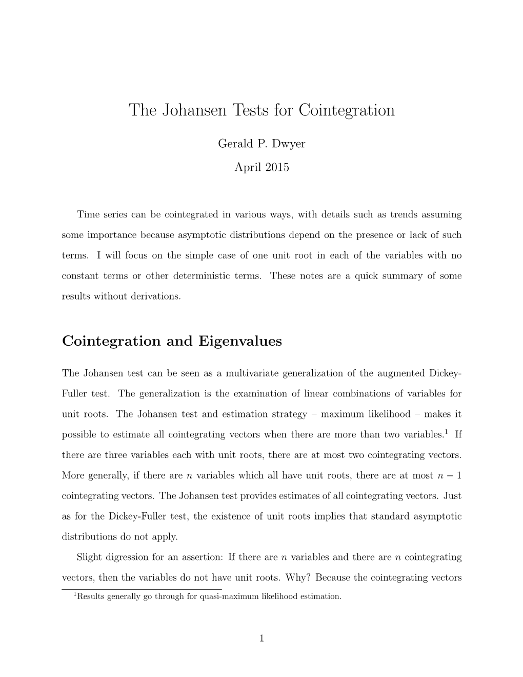 The Johansen Tests for Cointegration