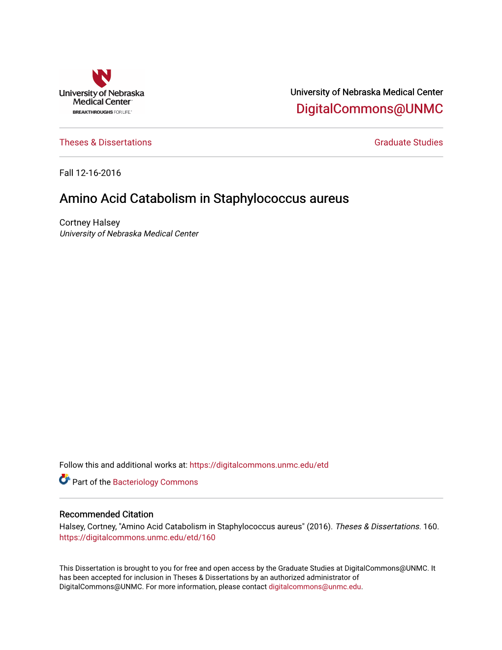 Amino Acid Catabolism in Staphylococcus Aureus