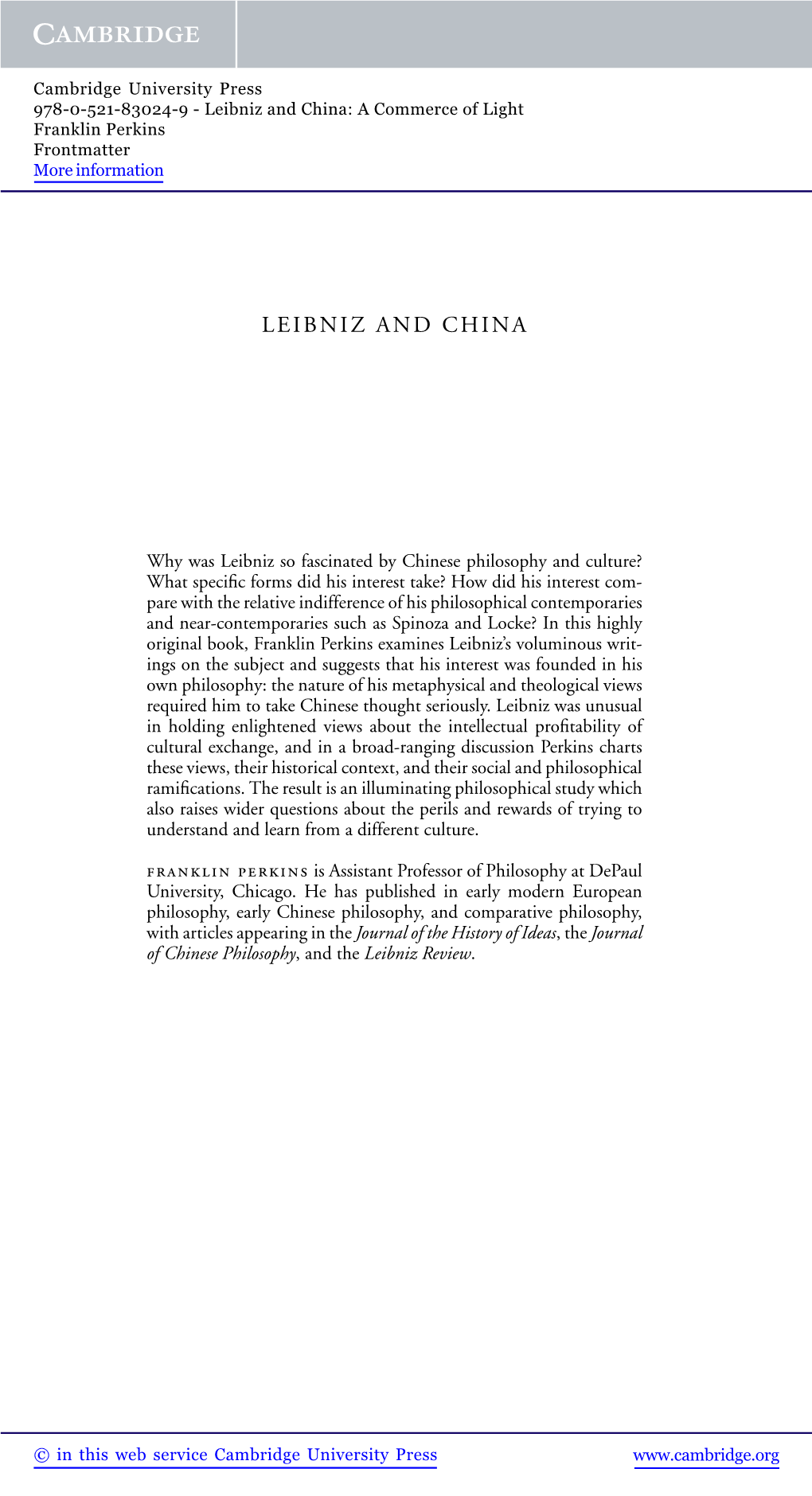 Leibniz and China: a Commerce of Light Franklin Perkins Frontmatter More Information