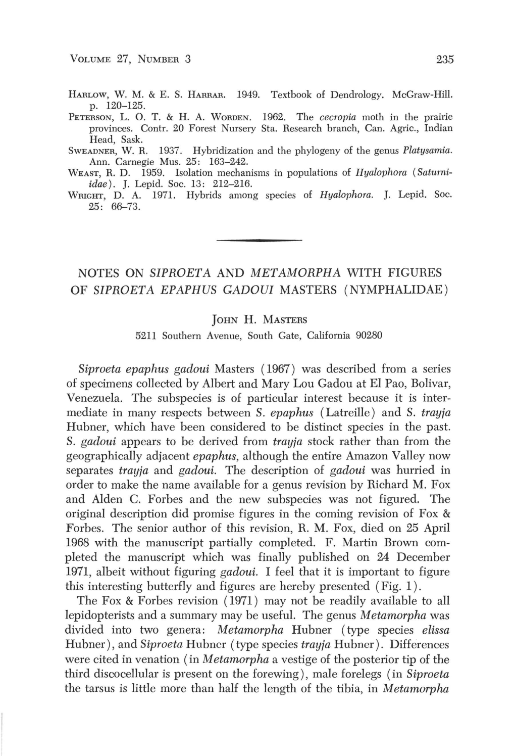 235 Siproeta Epaphus Gadoui Masters (1967) Was Described from a Series