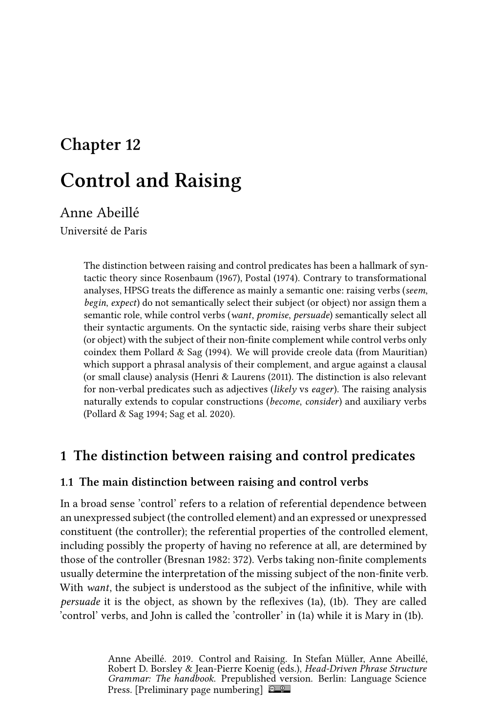 Chapter 12 Control and Raising Anne Abeillé Université De Paris