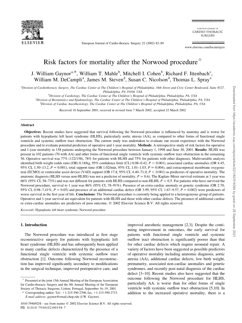 Risk Factors for Mortality After the Norwood Procedureq