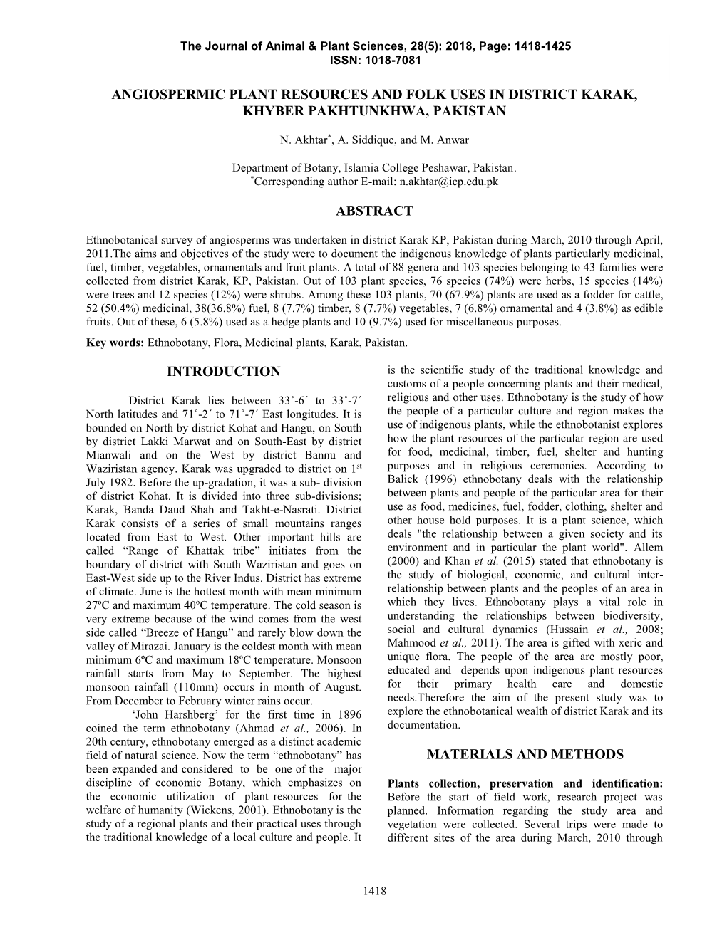 Angiospermic Plant Resources and Folk Uses in District Karak, Khyber Pakhtunkhwa, Pakistan