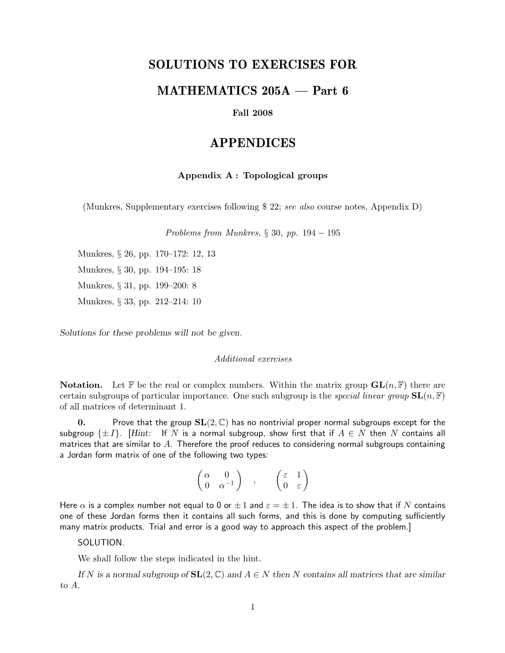 Solutions to Exercises for Mathematics 205A