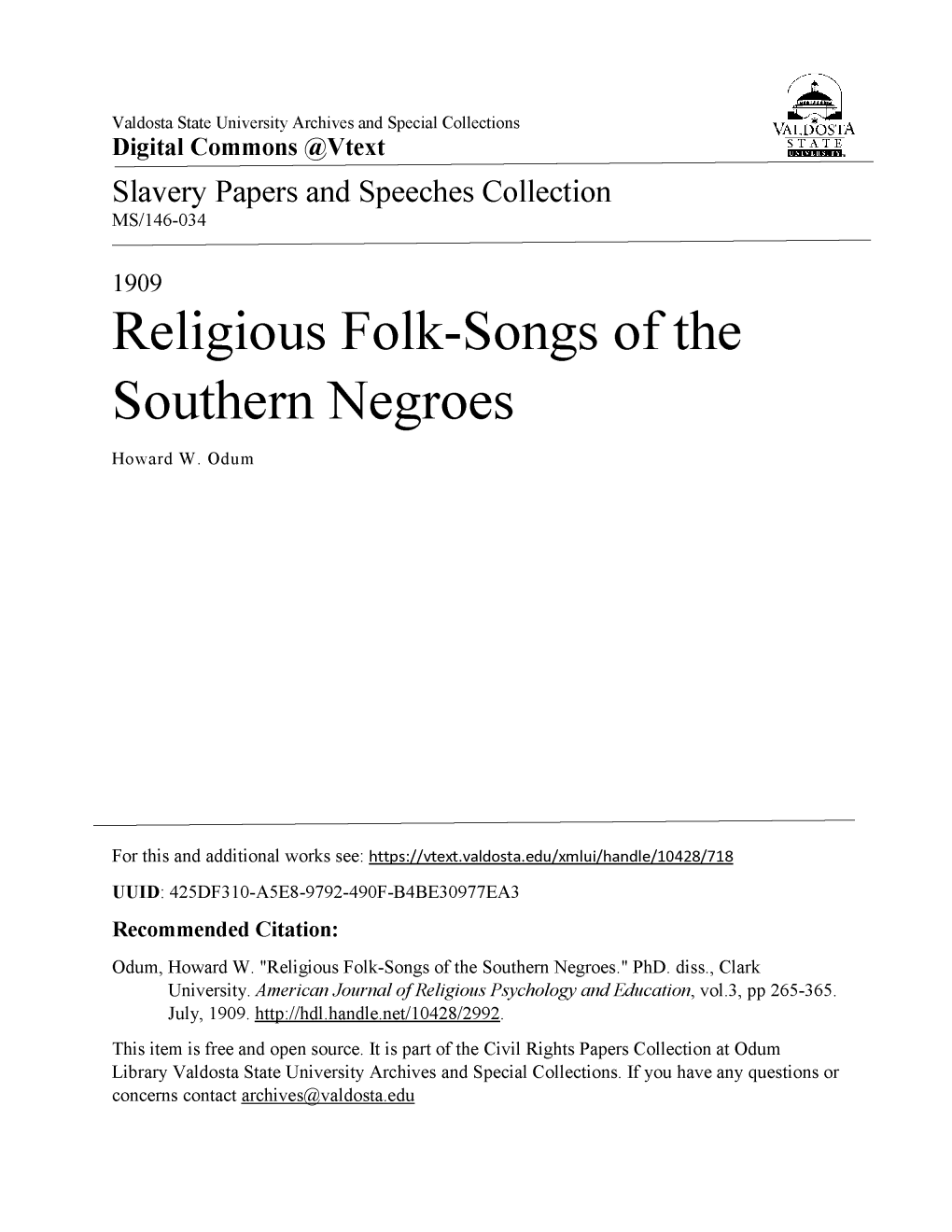 Religious Folk-Songs of the Southern Negroes Howard W