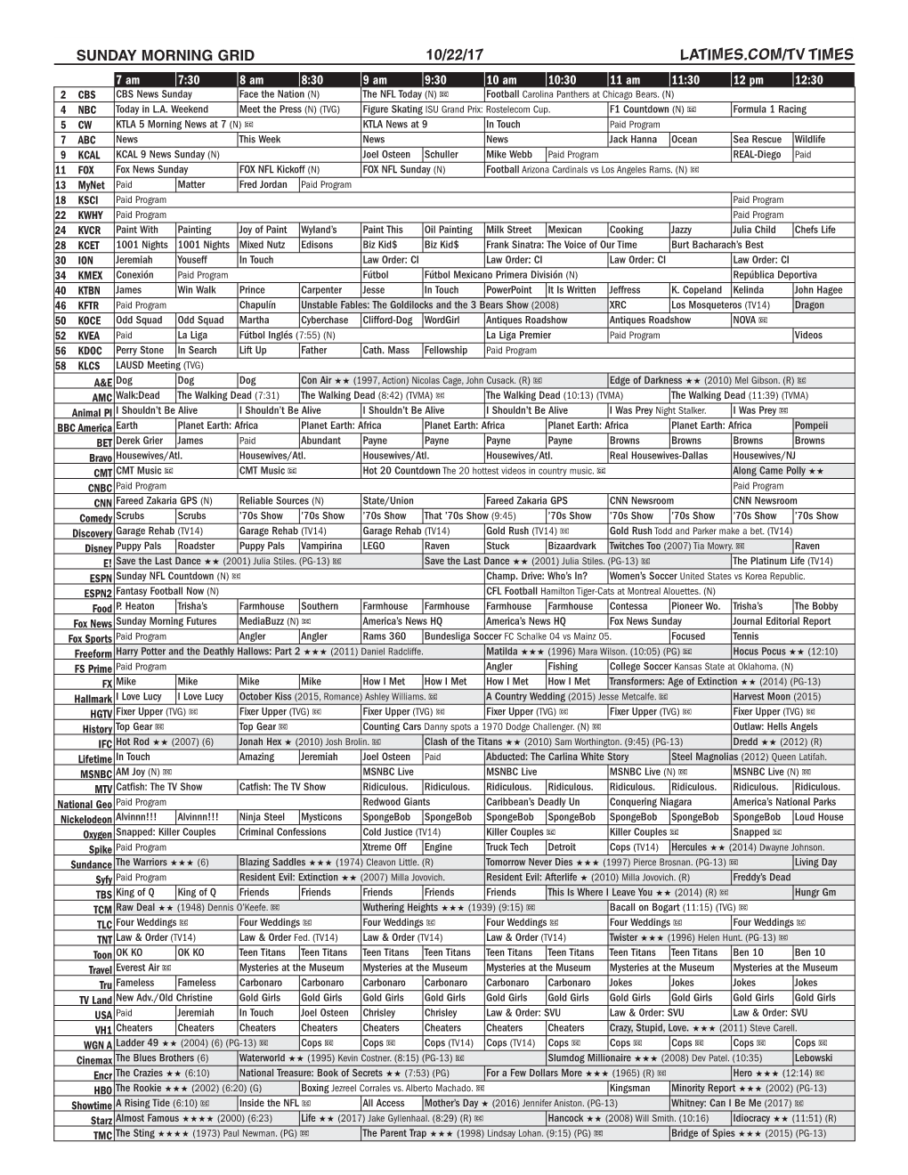 Sunday Morning Grid 10/22/17 Latimes.Com/Tv Times