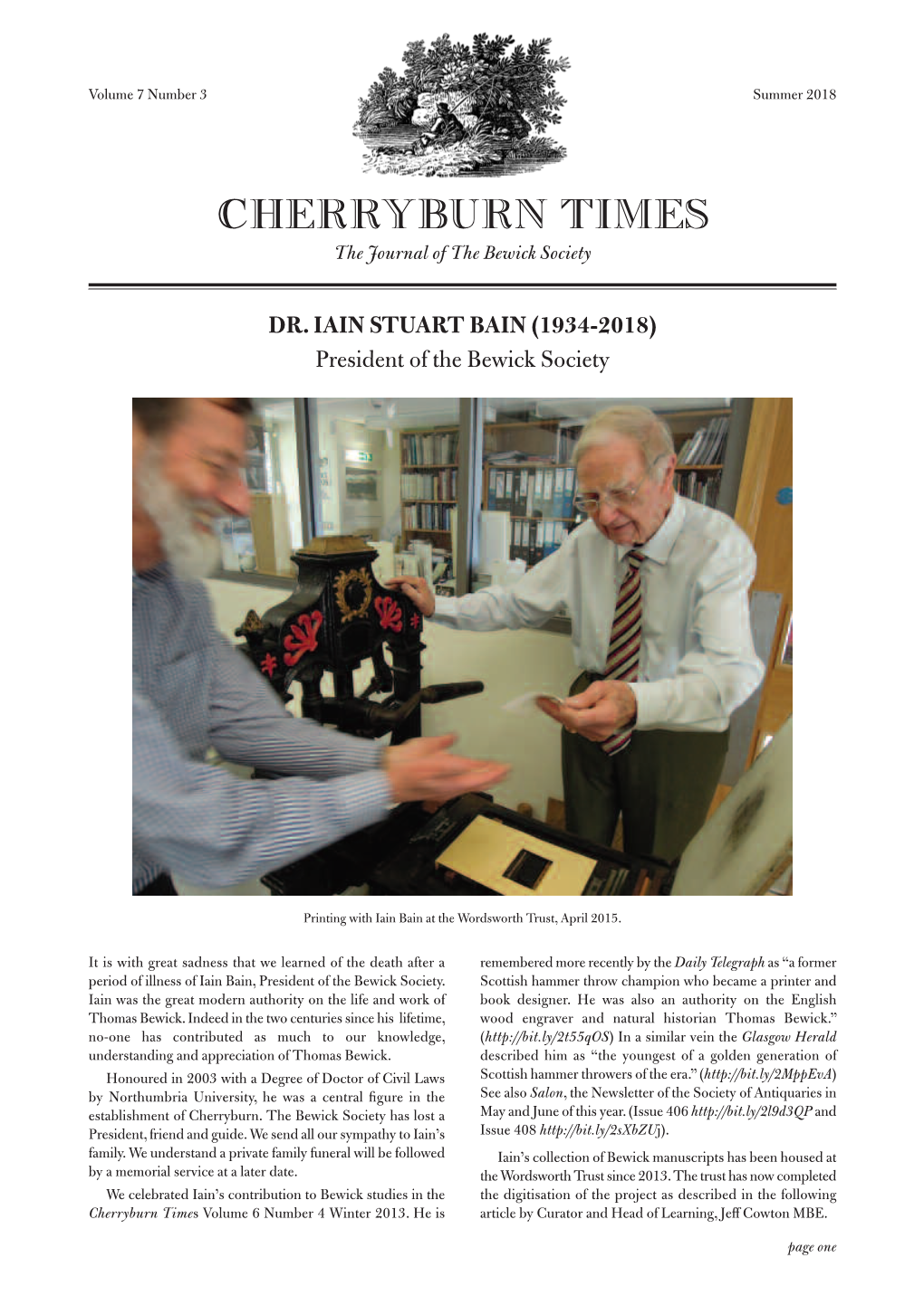 Cherryburn Times Volume 7 Number 3 Summer 2018