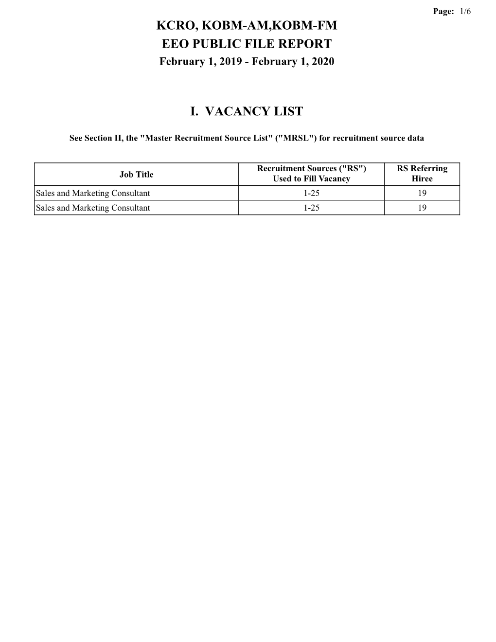 KCRO, KOBM-AM,KOBM-FM EEO PUBLIC FILE REPORT February 1, 2019 - February 1, 2020