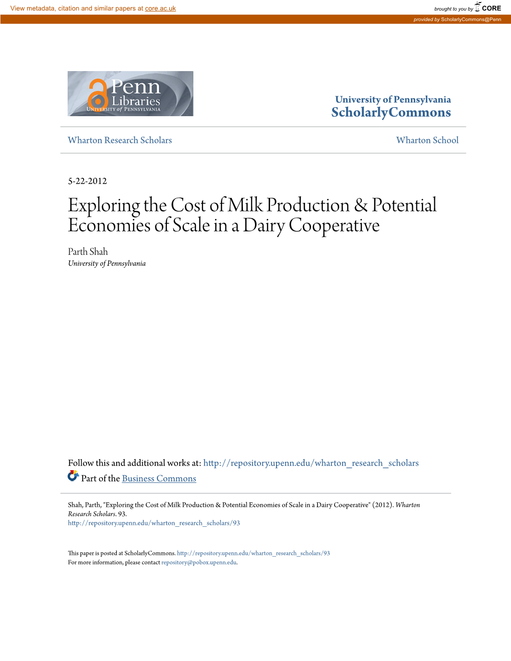 Exploring the Cost of Milk Production & Potential Economies Of