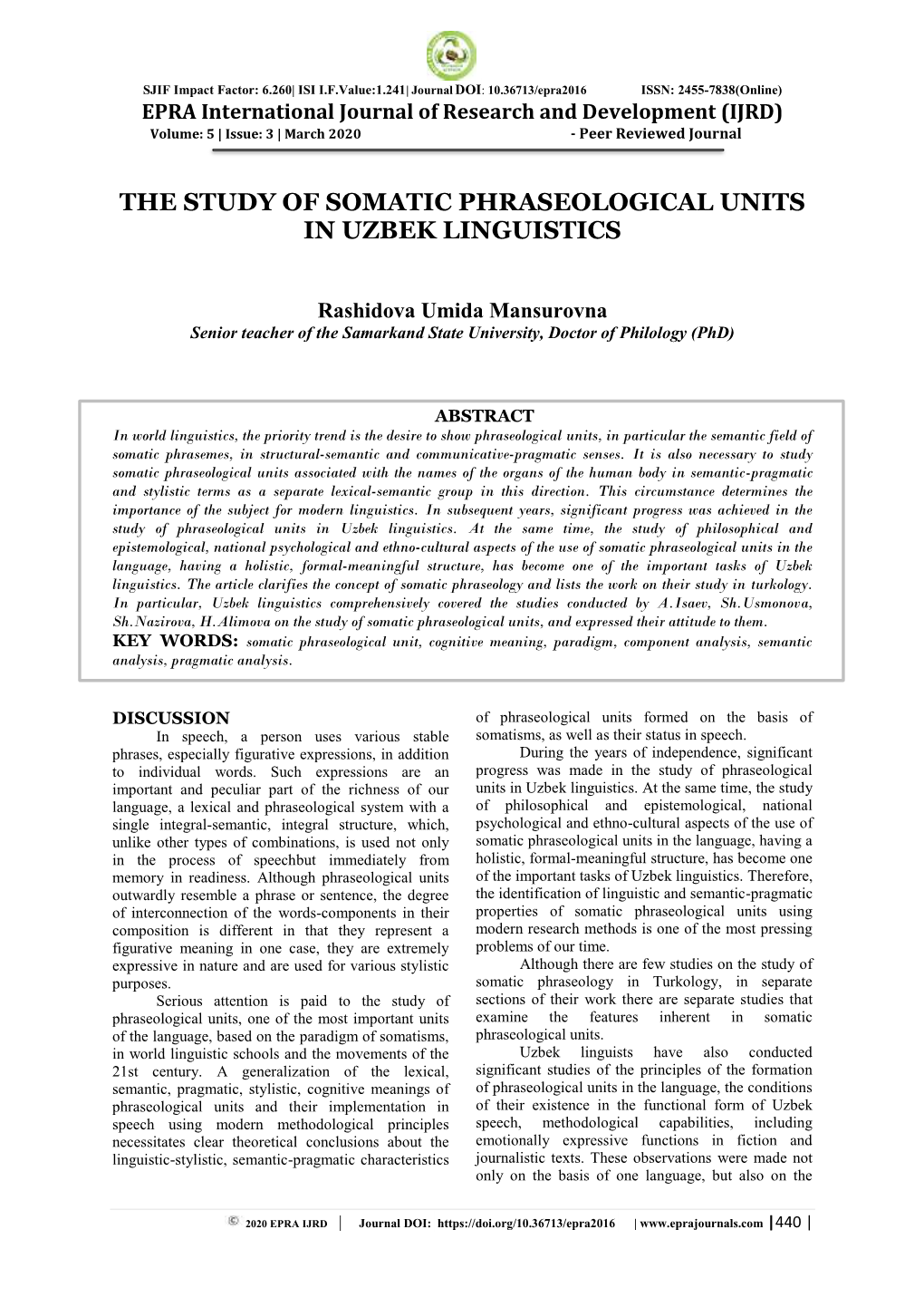 The Study of Somatic Phraseological Units in Uzbek Linguistics
