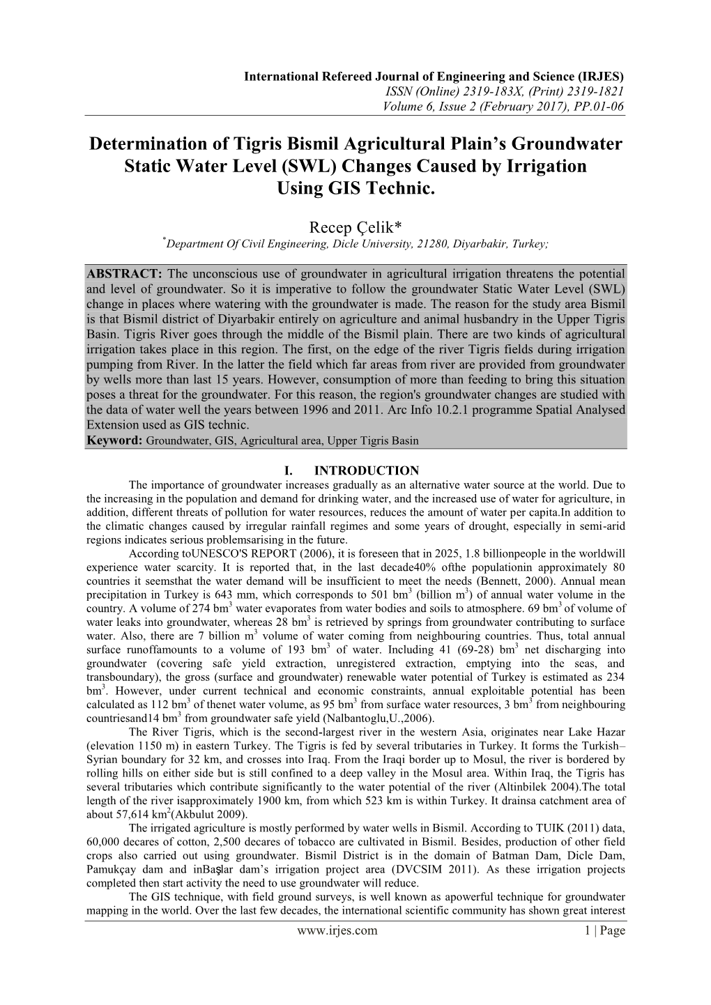 Determination of Tigris Bismil Agricultural Plain's Groundwater Static Water Level