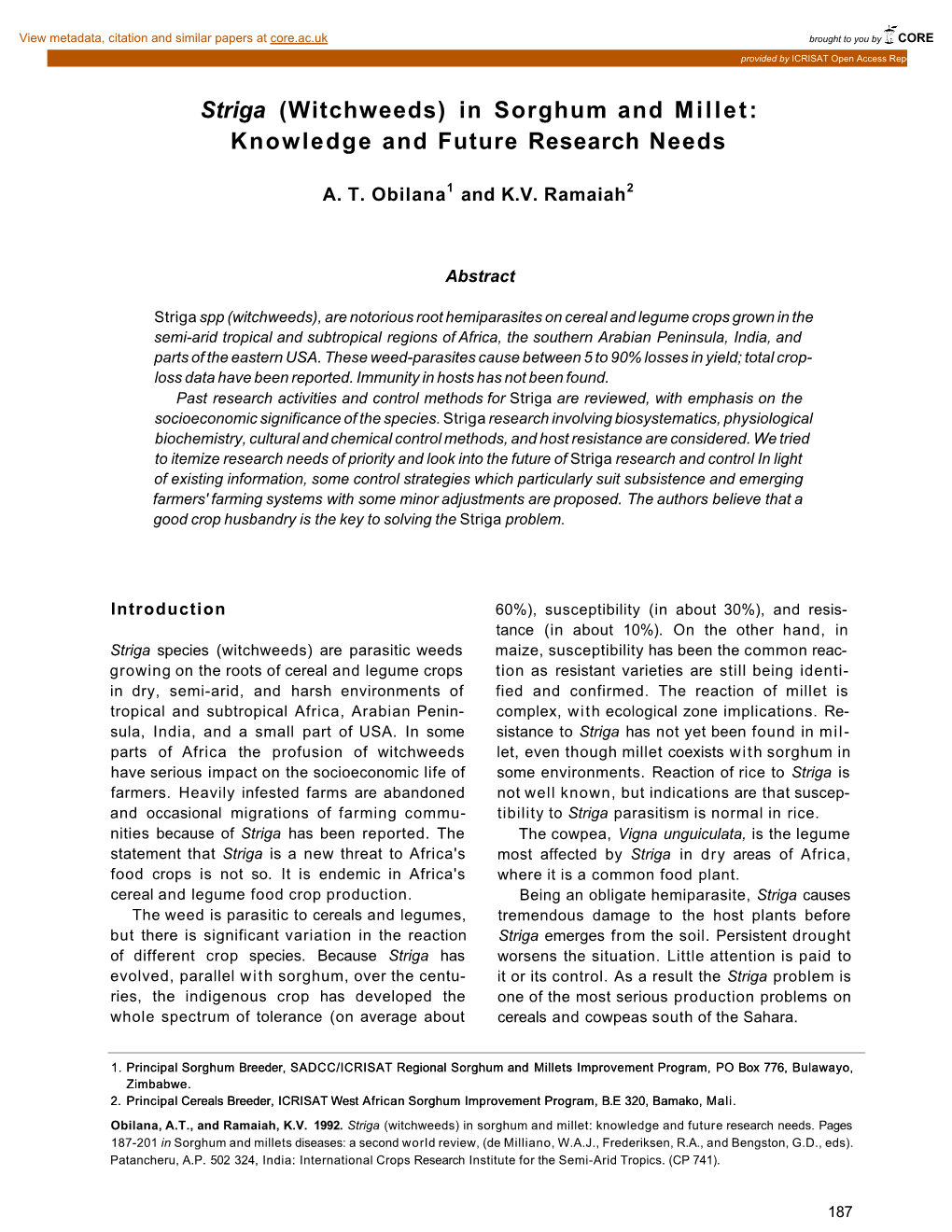 Striga (Witchweeds) in Sorghum and Millet: Knowledge and Future Research Needs