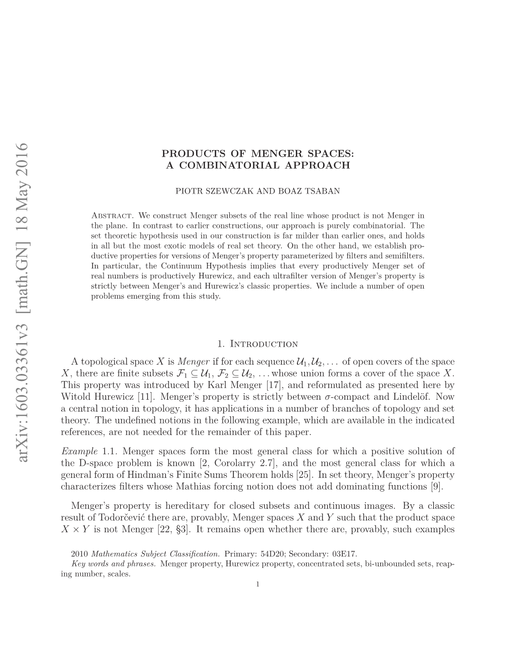 Arxiv:1603.03361V3 [Math.GN] 18 May 2016 Eeecs R O Eddfrtermidro Hspaper