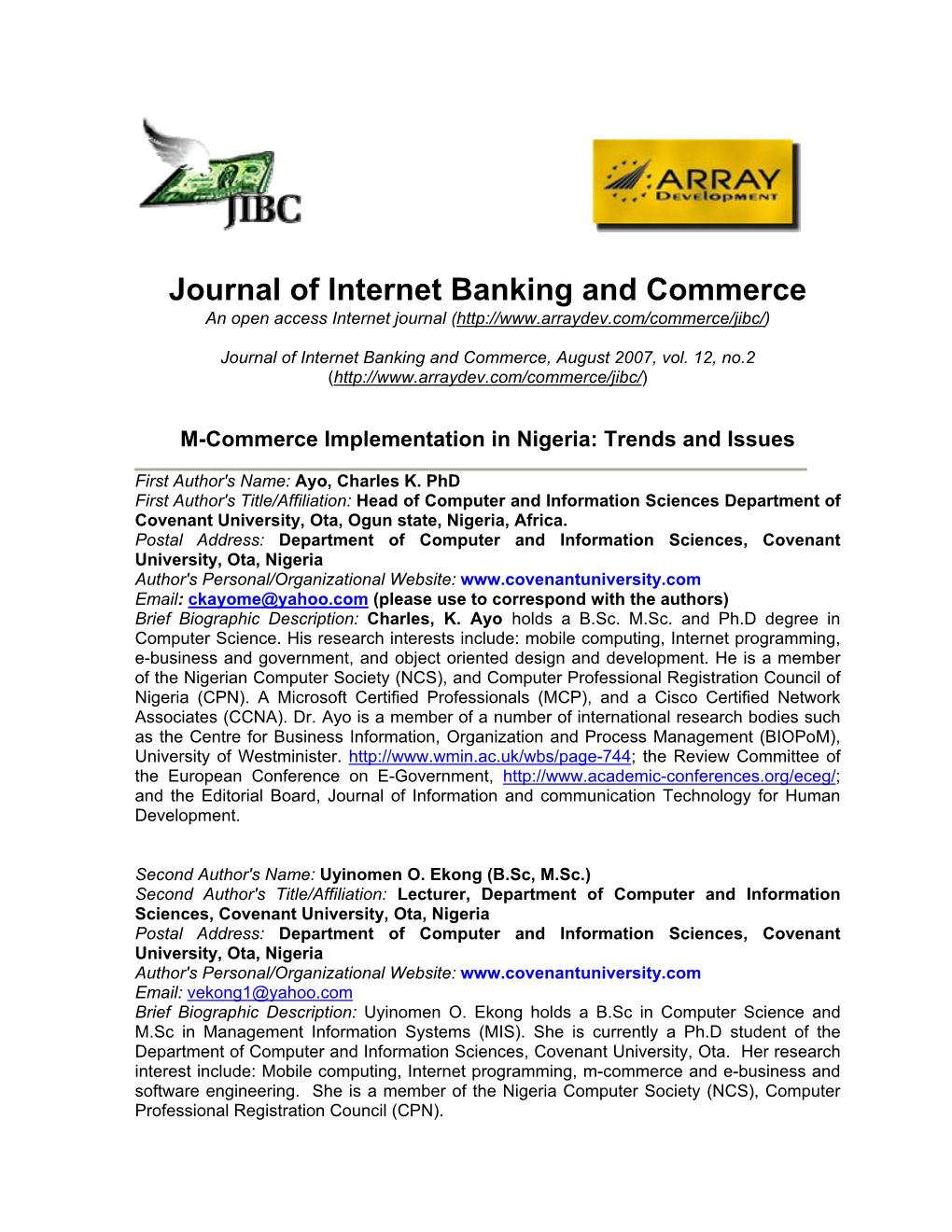 Journal of Internet Banking and Commerce an Open Access Internet Journal (