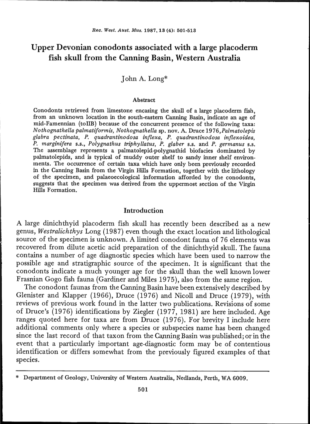 UPPER DEVONIAN CONODONTS ASSOCIATED with a LARGE PLACODERM FISH SKULL from the CANNING BASIN, WESTERN... Download