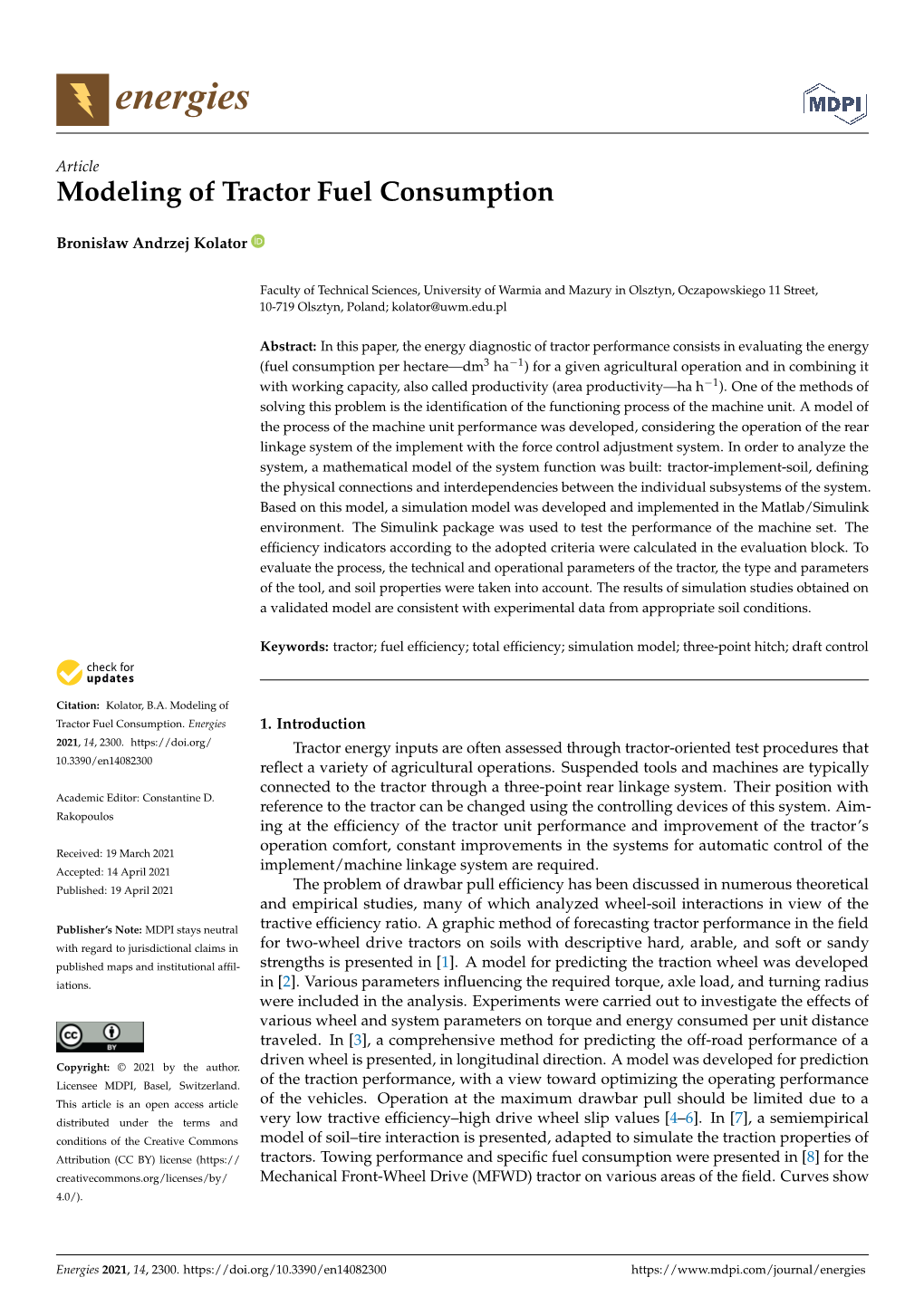 Modeling of Tractor Fuel Consumption