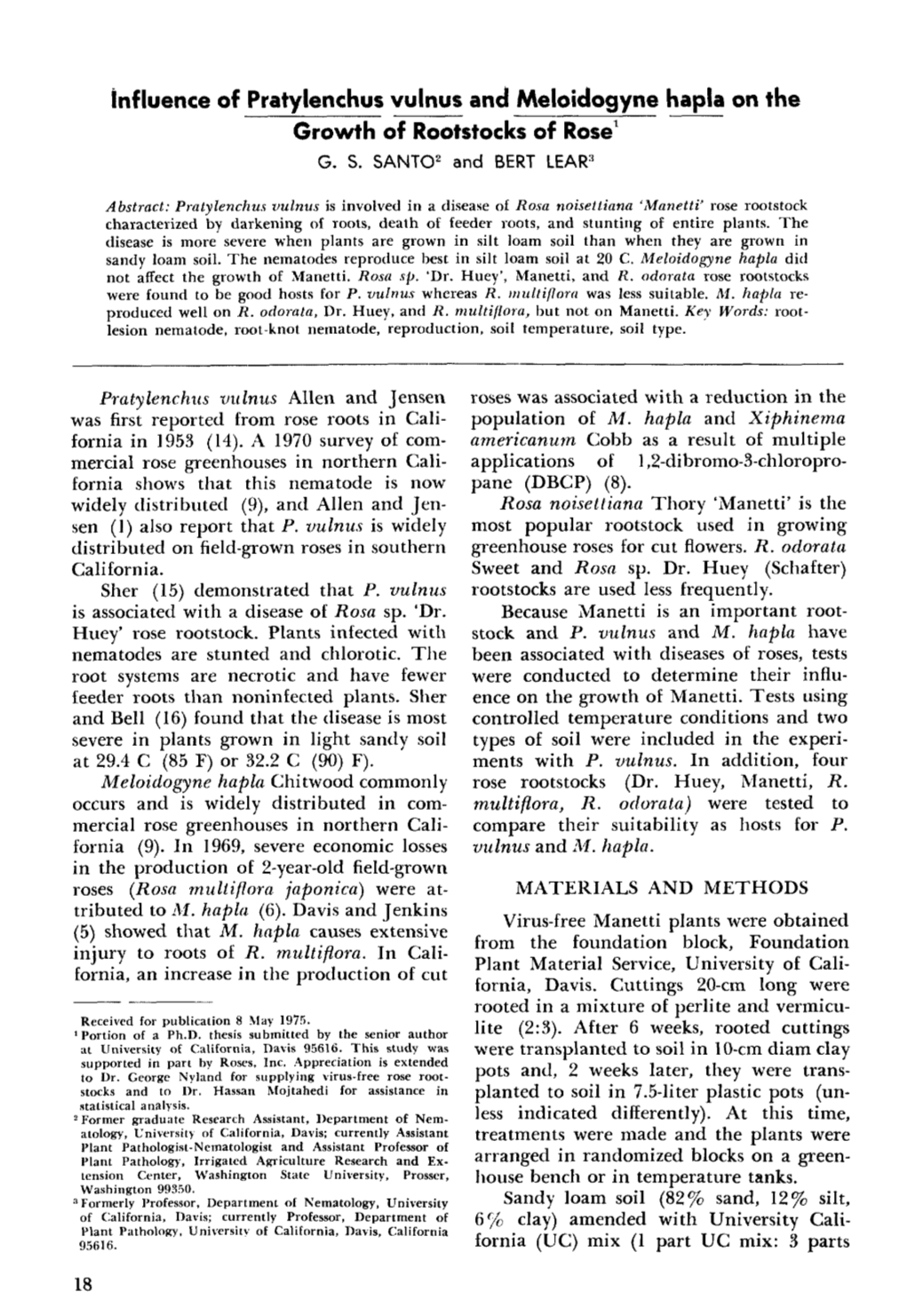 Influence of Pratylenchus Vulnus and Meloidogyne Hapla on the Growth of Rootstocks of Rose~ G