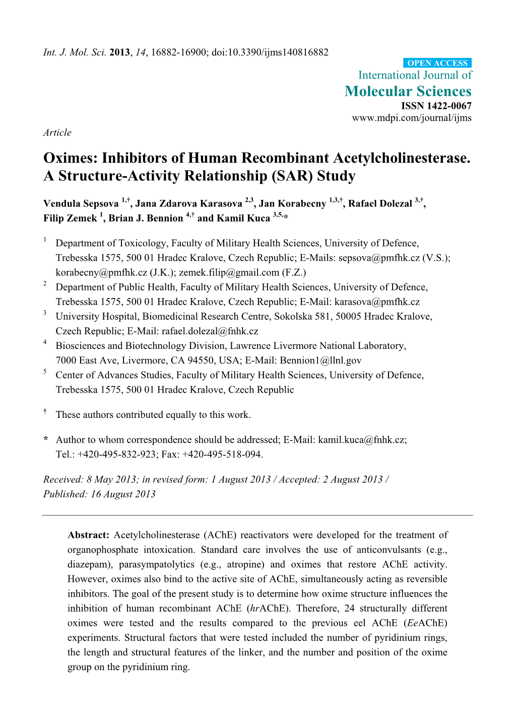 Oximes: Inhibitors of Human Recombinant Acetylcholinesterase