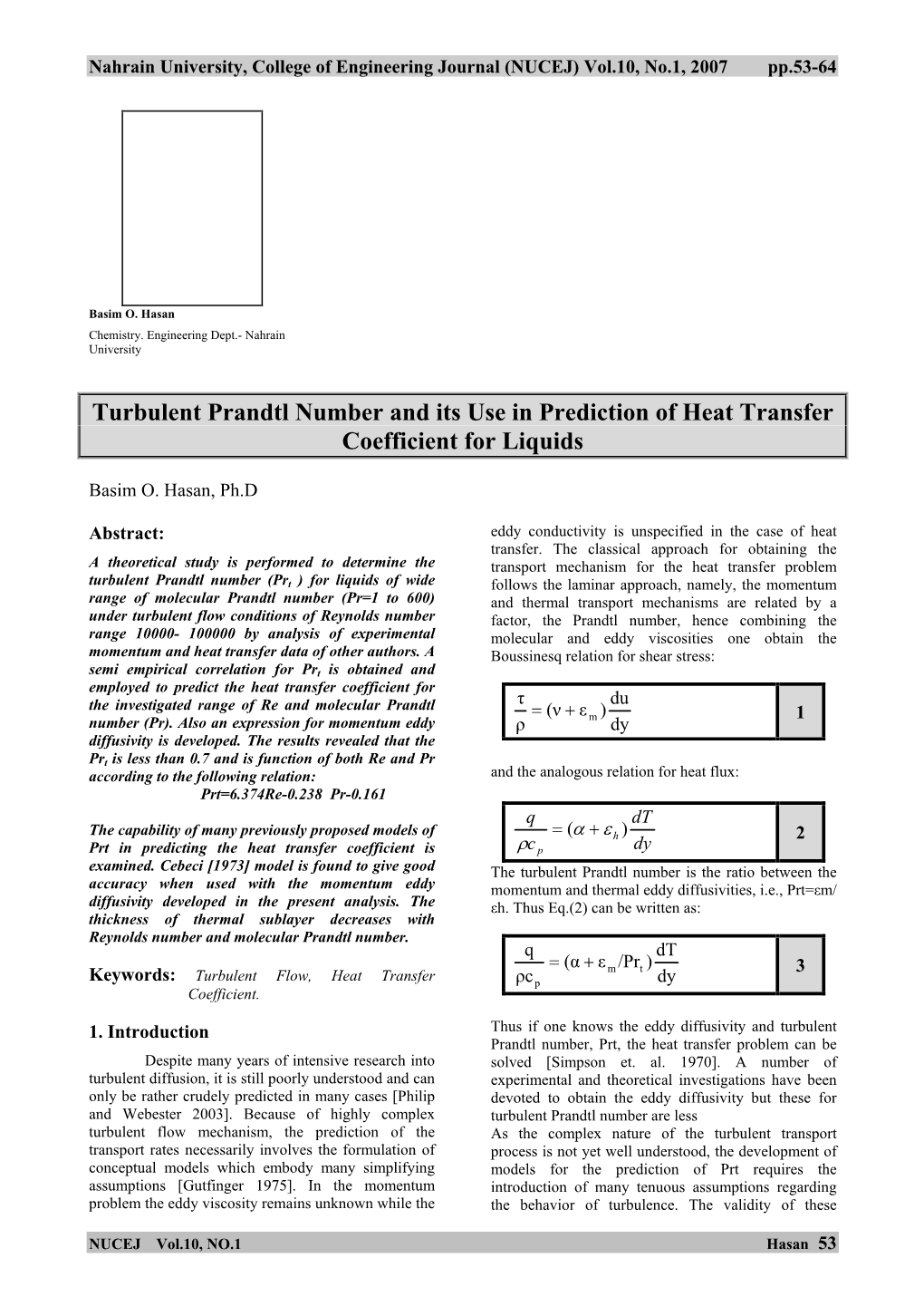 Turbulent Prandtl Number and Its Use in Prediction of Heat Transfer Coefficient for Liquids