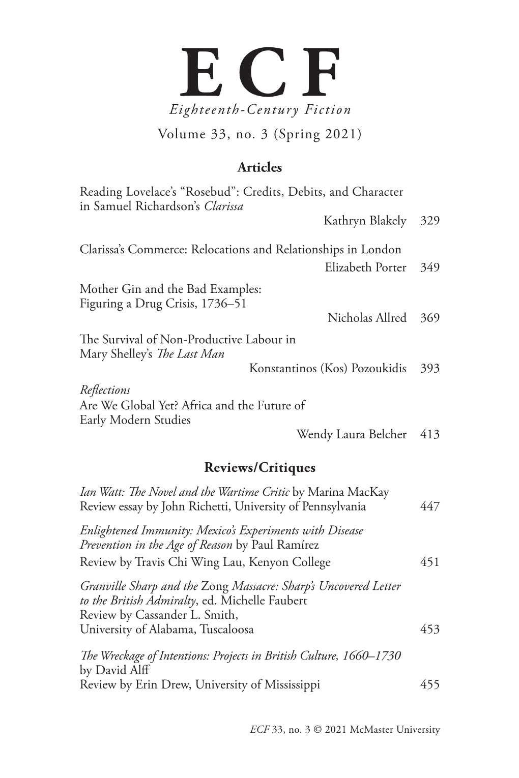 Eighteenth-Century Fiction Volume 33, No. 3 (Spring 2021) Articles Reviews/Critiques