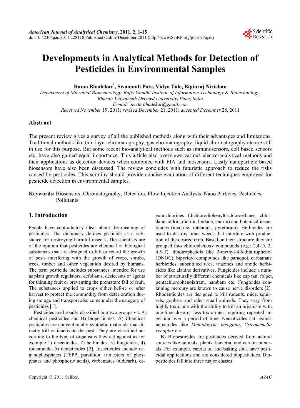 Developments in Analytical Methods for Detection of Pesticides in Environmental Samples