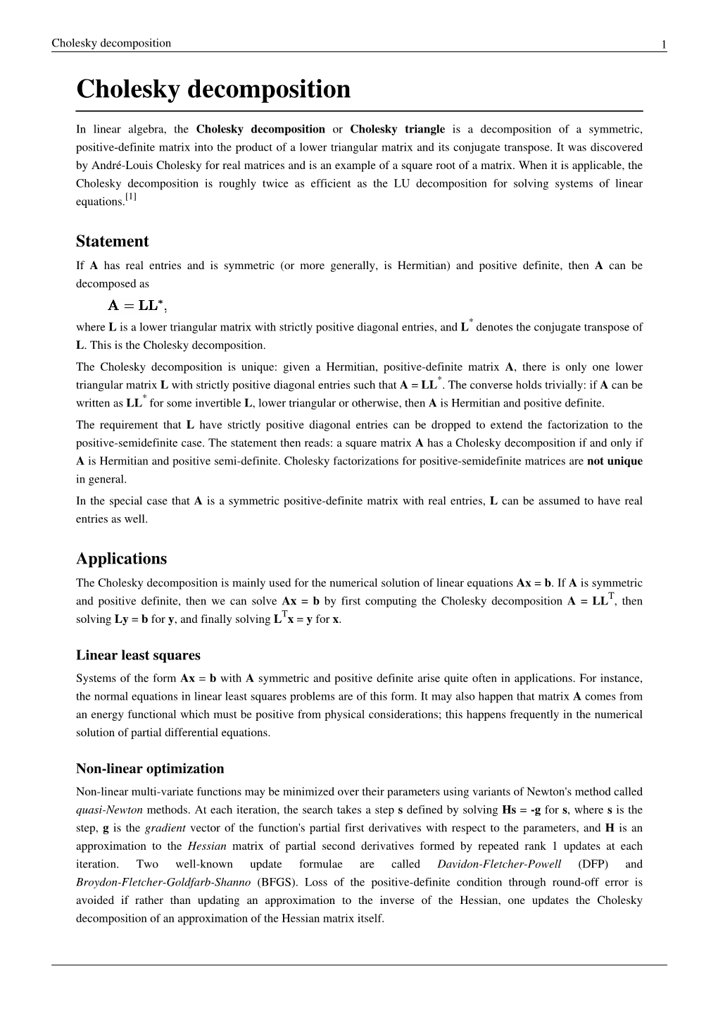 Cholesky Decomposition 1 Cholesky Decomposition