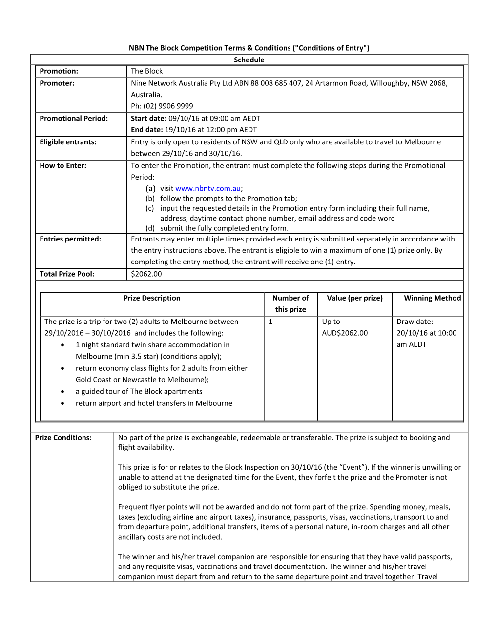 ("Conditions of Entry") Schedule Promotion: the Block Promoter: Nine Network Australia Pty Ltd ABN 88 008 685 407, 24 Artarmon Road, Willoughby, NSW 2068, Australia