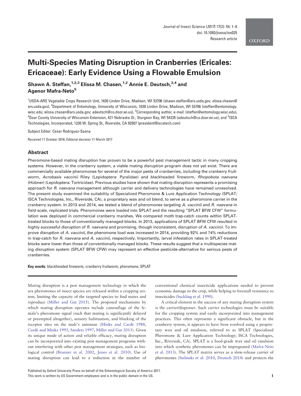 Multi-Species Mating Disruption in Cranberries (Ericales: Ericaceae): Early Evidence Using a Flowable Emulsion