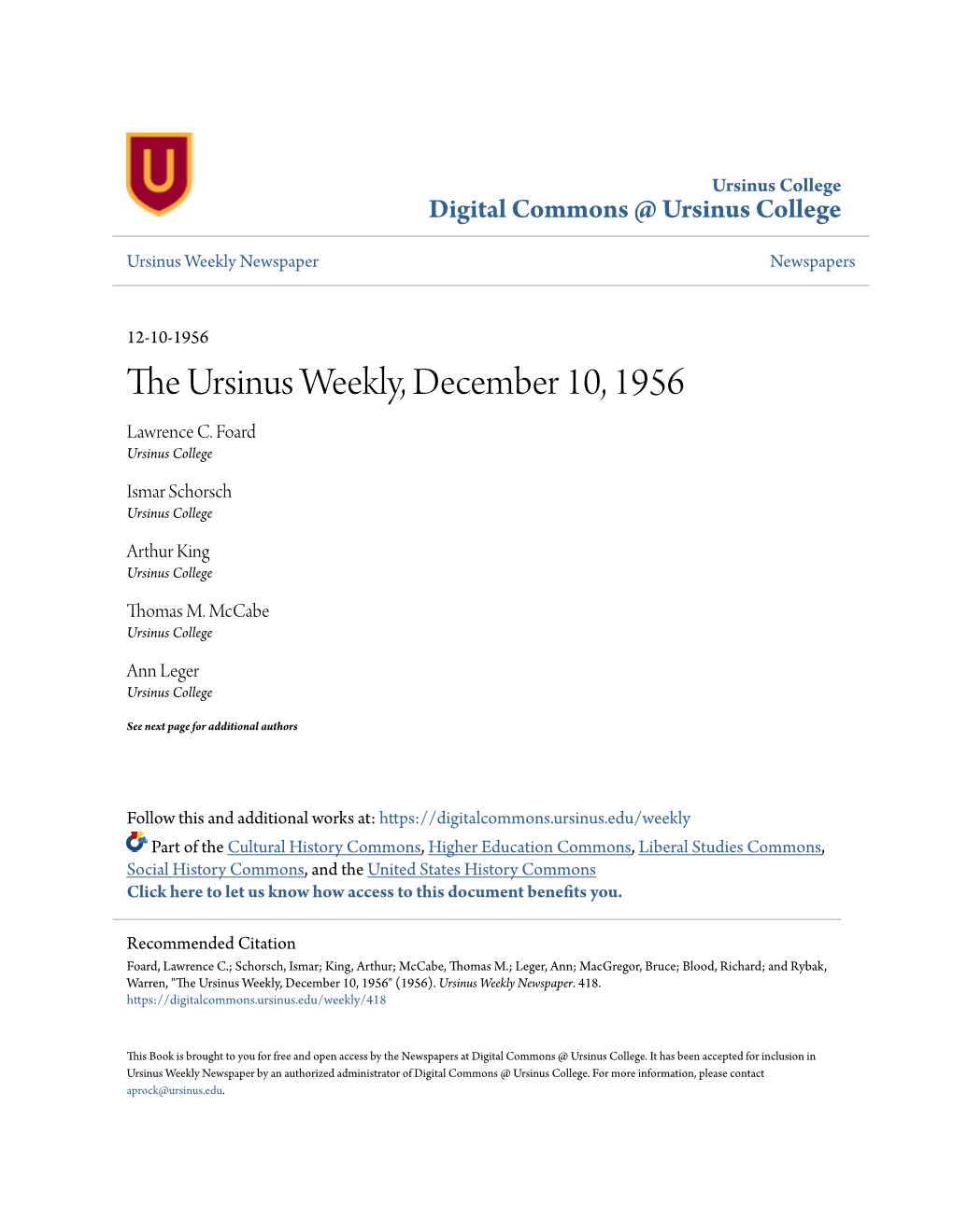 The Ursinus Weekly, December 10, 1956