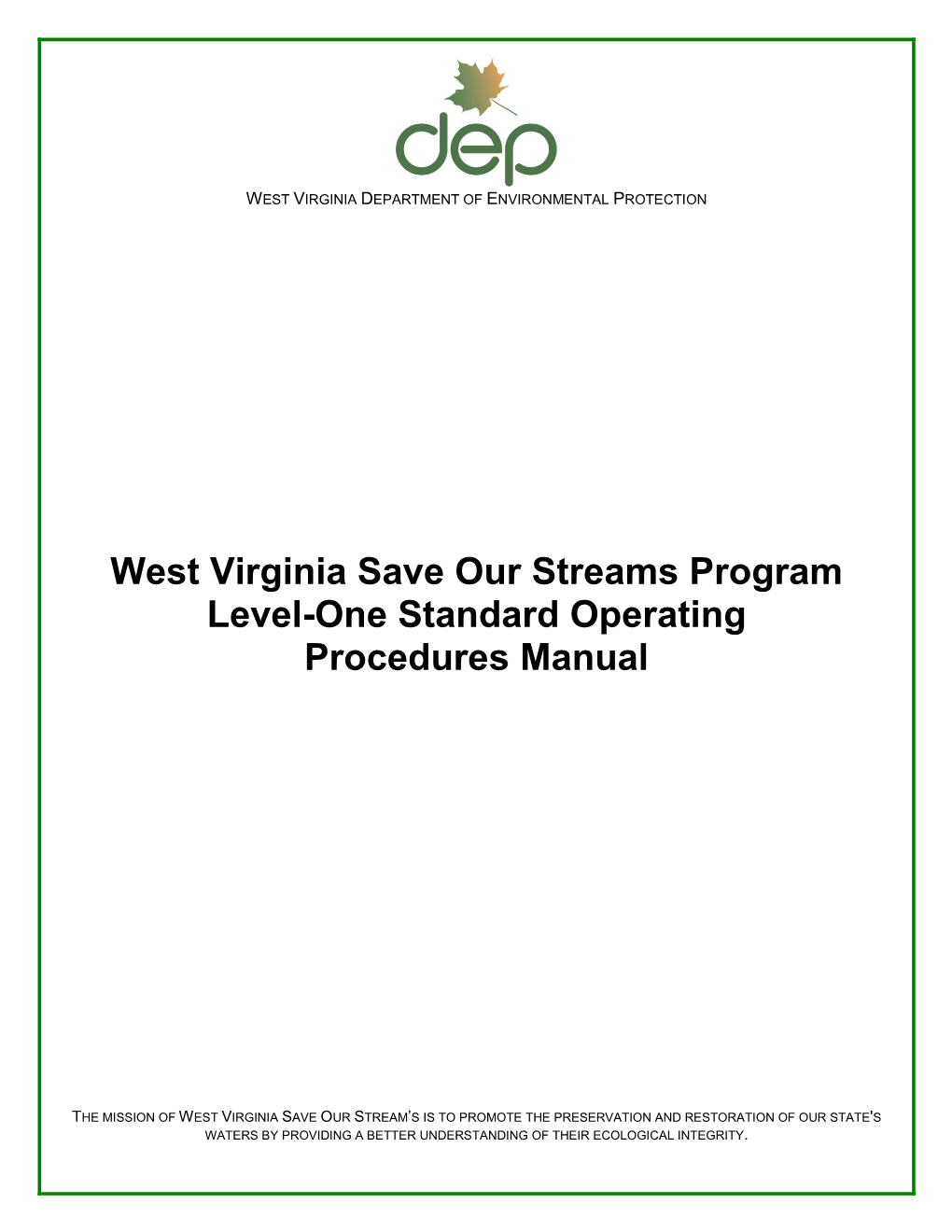 WV Save Our Streams Standard Operating Procedures (Sops)