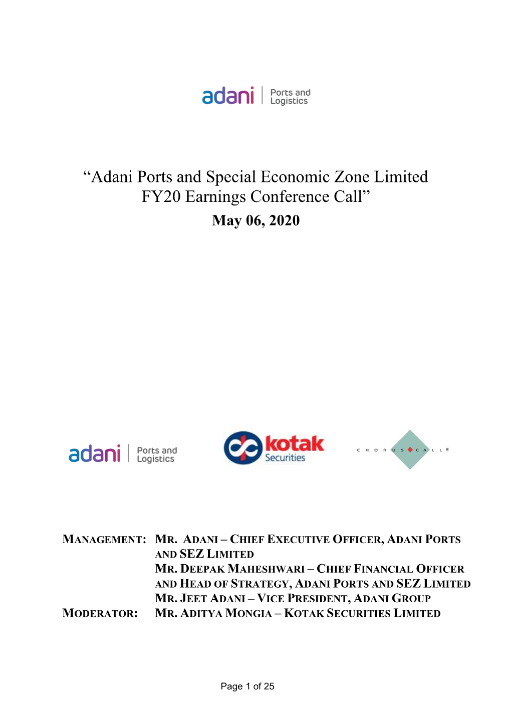 “Adani Ports and Special Economic Zone Limited FY20 Earnings Conference Call” May 06, 2020