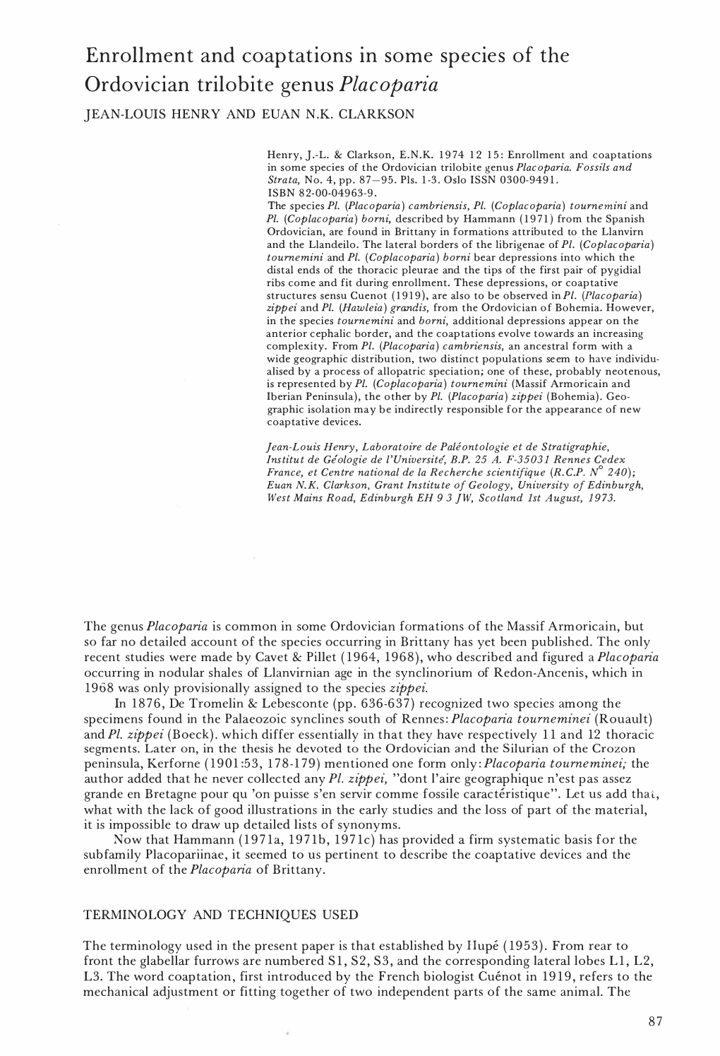 Enrollment and Coaptations in Some Species of the Ordovician Trilobite Genus Placoparia